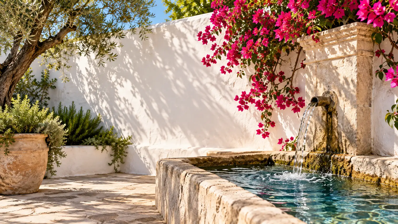Fuente antigua de piedra con agua corriente en un patio blanco con buganvilla