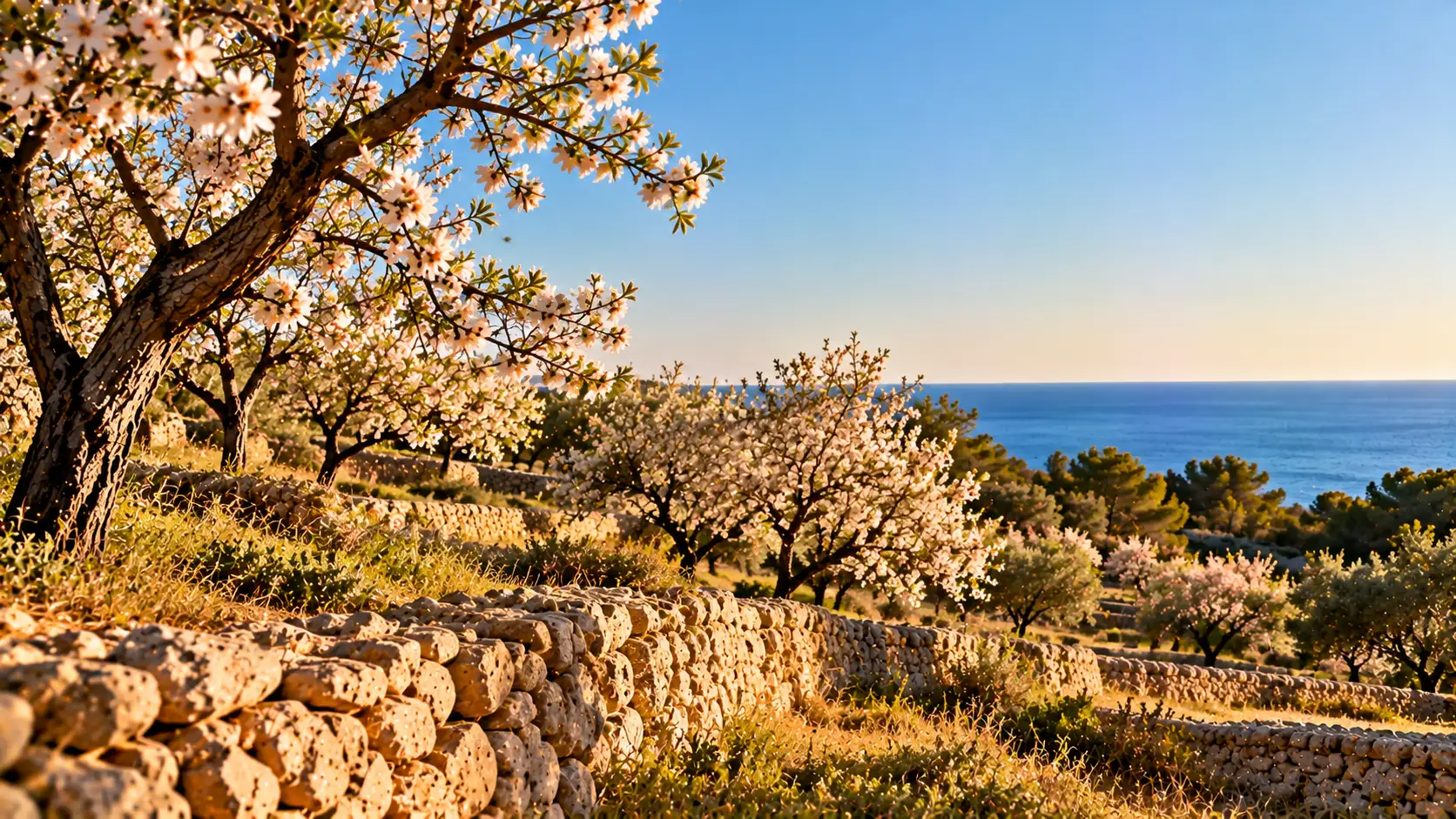 Almendros en flor en un bancal con muro de piedra seca