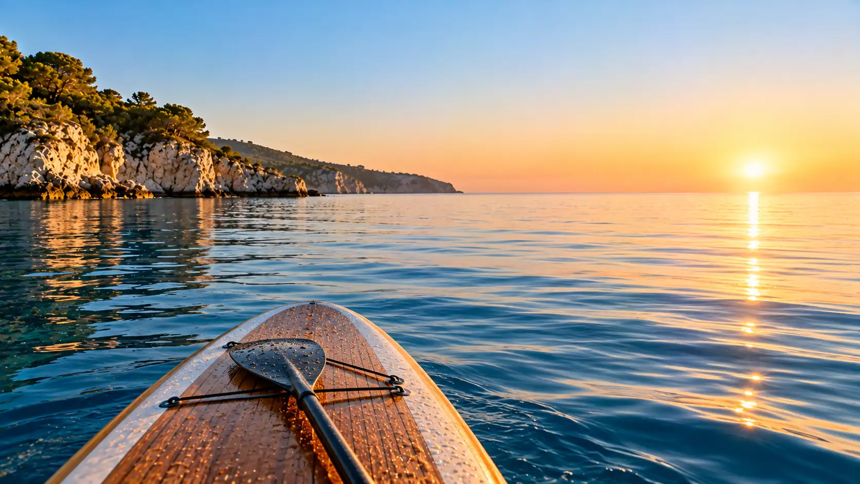 Tabla de paddle surf sobre agua tranquila al amanecer
