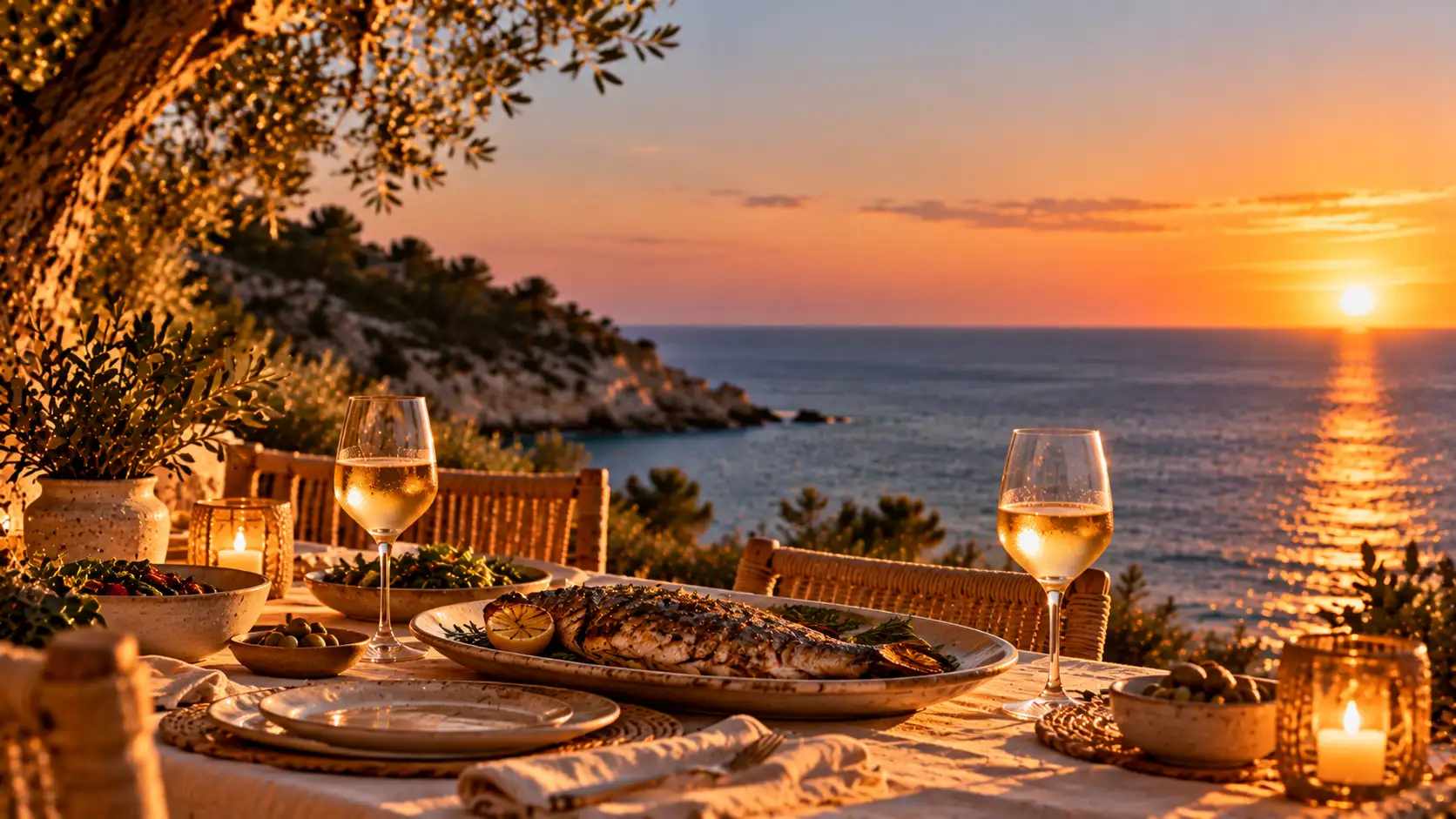 Mesa puesta al atardecer con pescado a la brasa y vino blanco