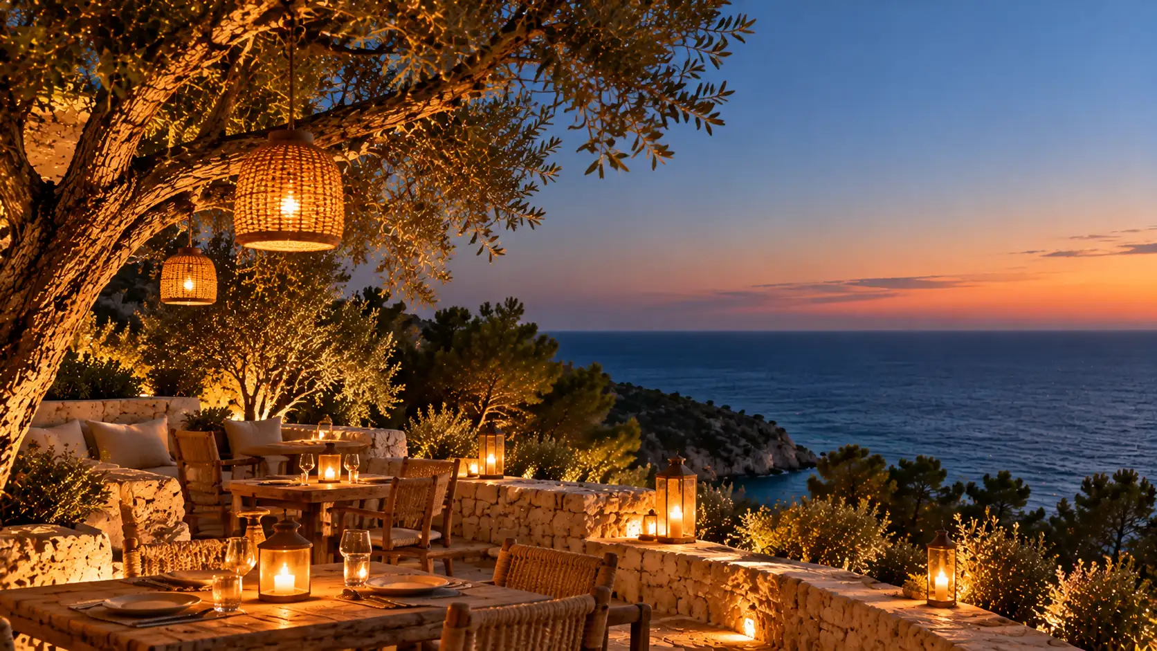 Terraza al anochecer con velas y farolillos y, detrás, el mar oscuro