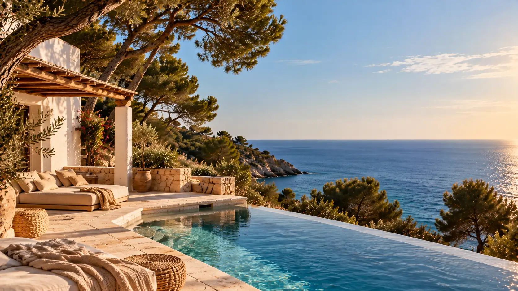 Casa payesa encalada con piscina entre pinos sobre el mar