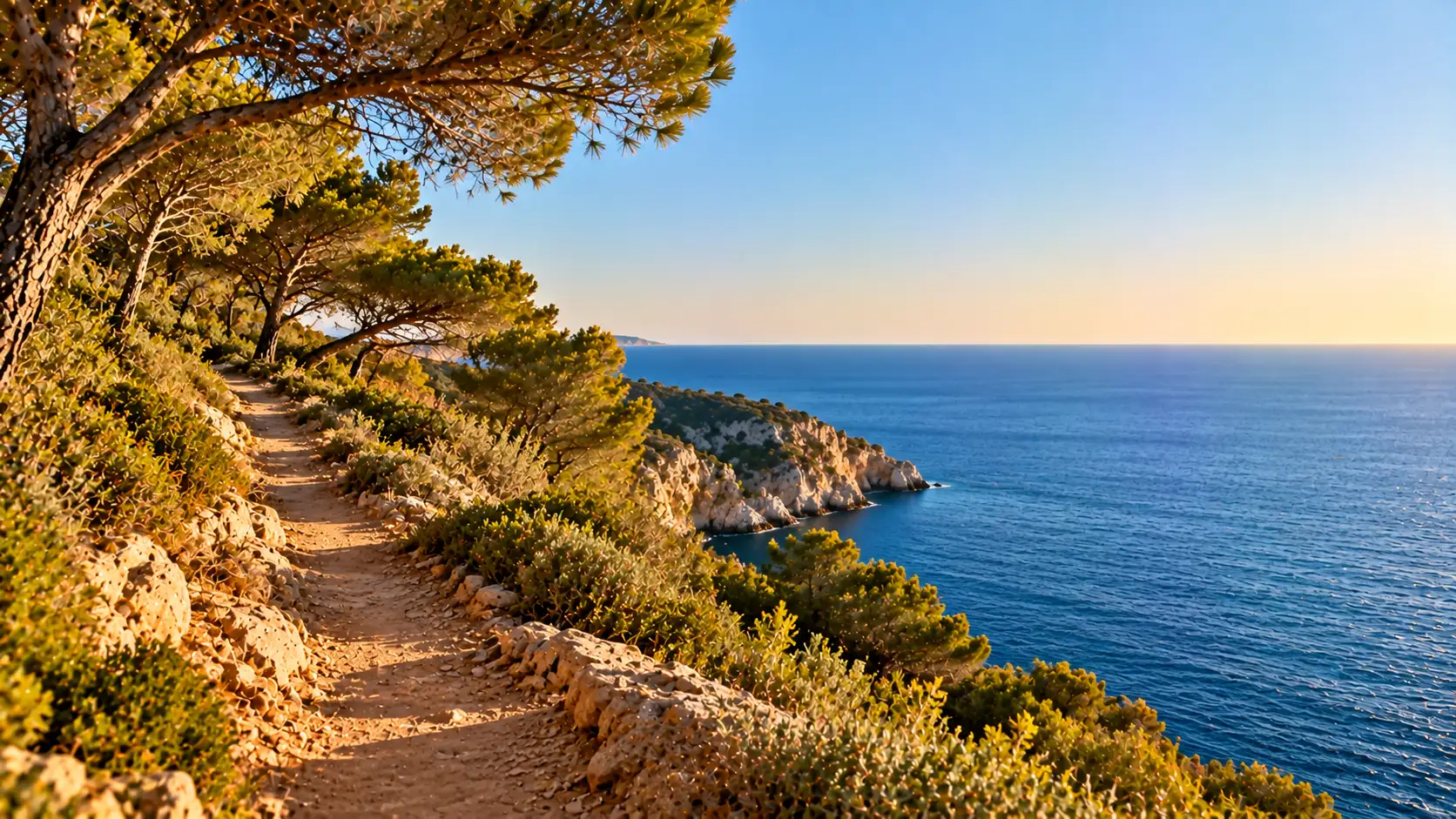 Sendero entre pinos sobre un acantilado junto al mar